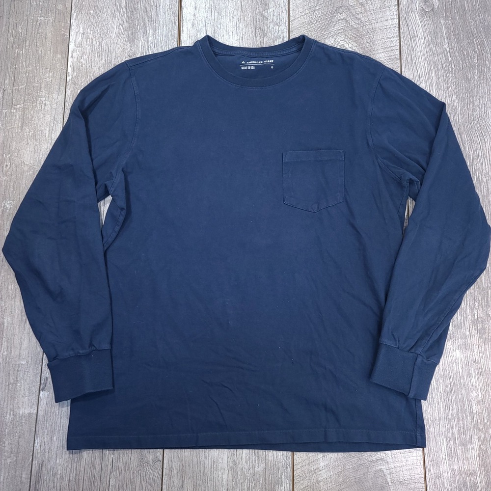 American Giant Long Sleeve T-Shirt Mens L Navy Blue Pocket Crew Neck Made in USA